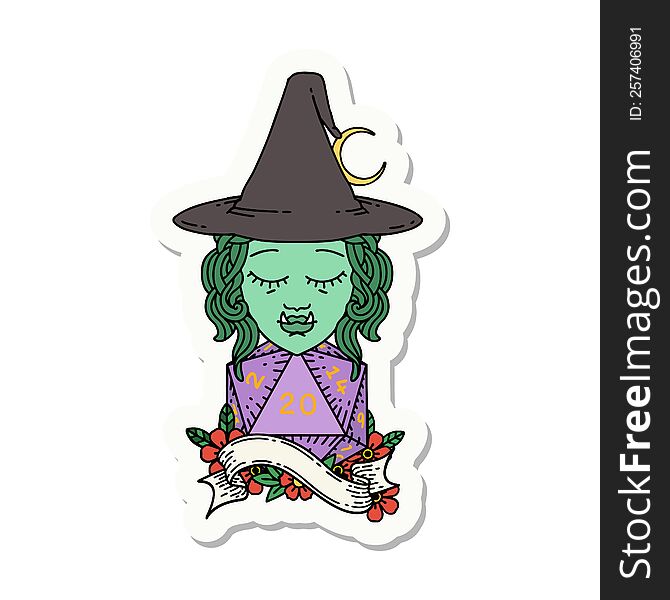 sticker of a half orc mage with natural 20 dice roll. sticker of a half orc mage with natural 20 dice roll
