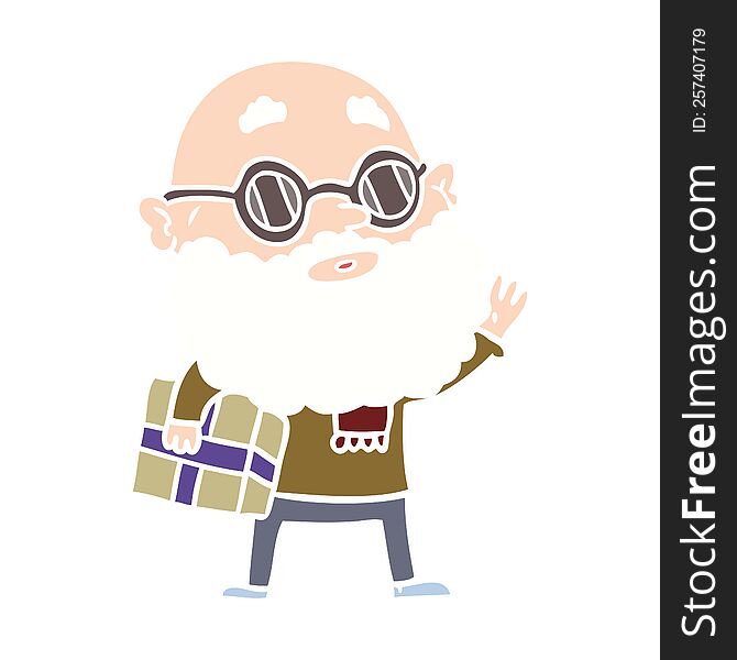 Flat Color Style Cartoon Curious Man With Beard Sunglasses And Present