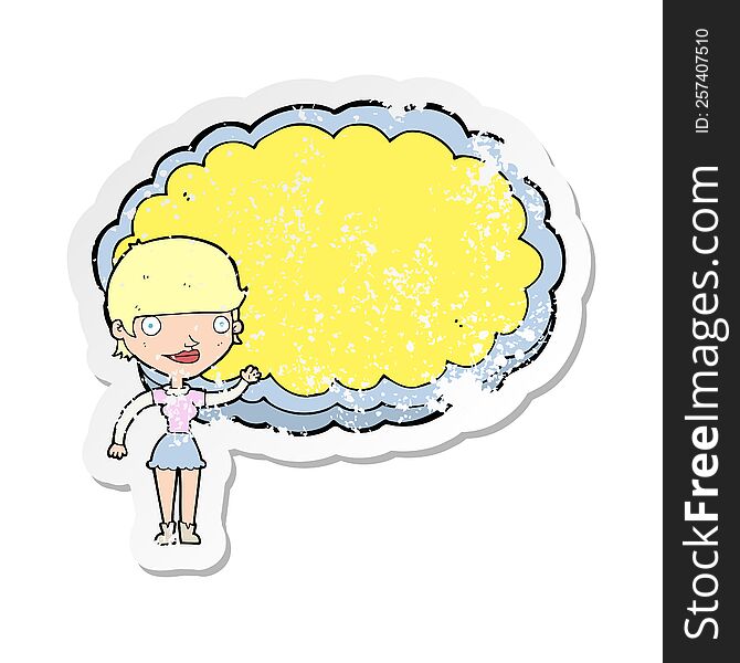 Retro Distressed Sticker Of A Cartoon Woman With Space Text Cloud