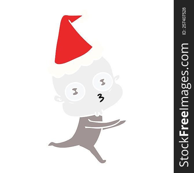hand drawn flat color illustration of a weird bald spaceman running wearing santa hat