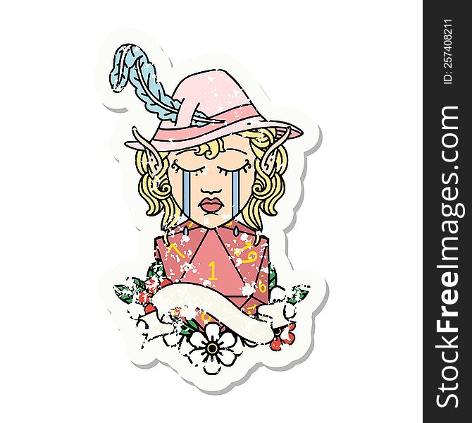 grunge sticker of a crying elf bard character face with natural one. grunge sticker of a crying elf bard character face with natural one