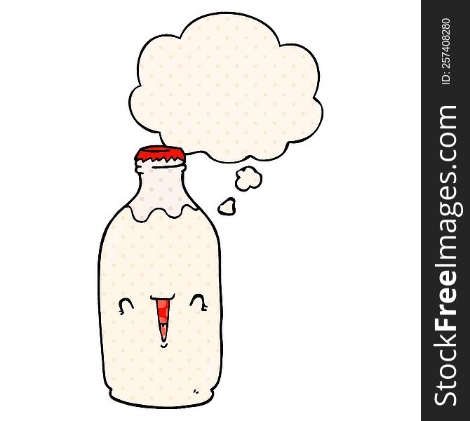 cute cartoon milk bottle with thought bubble in comic book style