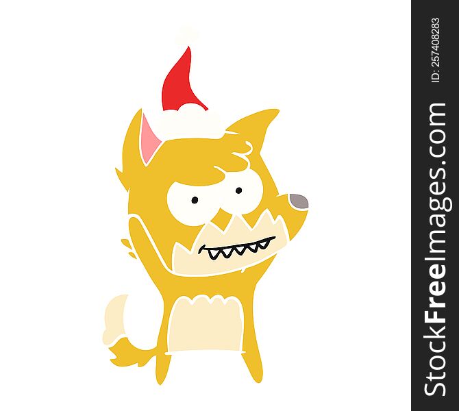 hand drawn flat color illustration of a grinning fox wearing santa hat
