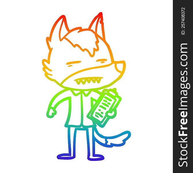 rainbow gradient line drawing of a cartoon office wolf showing teeth