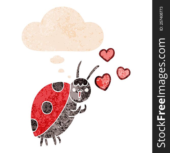 Cute Cartoon Ladybug In Love And Thought Bubble In Retro Textured Style