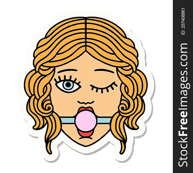 Tattoo Style Sticker Of Winking Female Face With Ball Gag