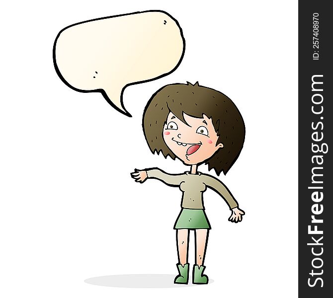 Cartoon Waving Woman With Speech Bubble