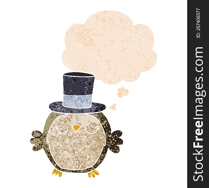 cartoon owl wearing top hat with thought bubble in grunge distressed retro textured style. cartoon owl wearing top hat with thought bubble in grunge distressed retro textured style