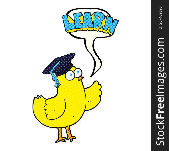 freehand drawn comic book speech bubble cartoon bird with learn text