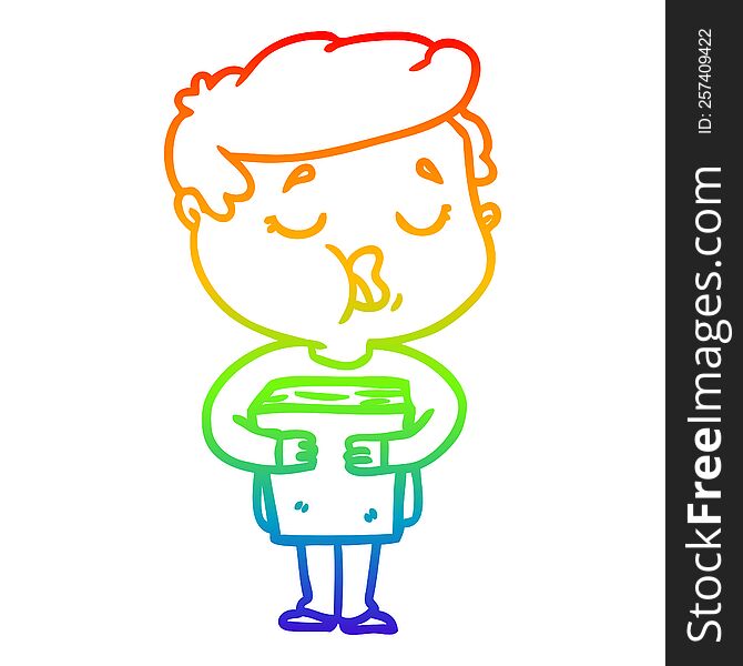 rainbow gradient line drawing of a cartoon man holding book and singing