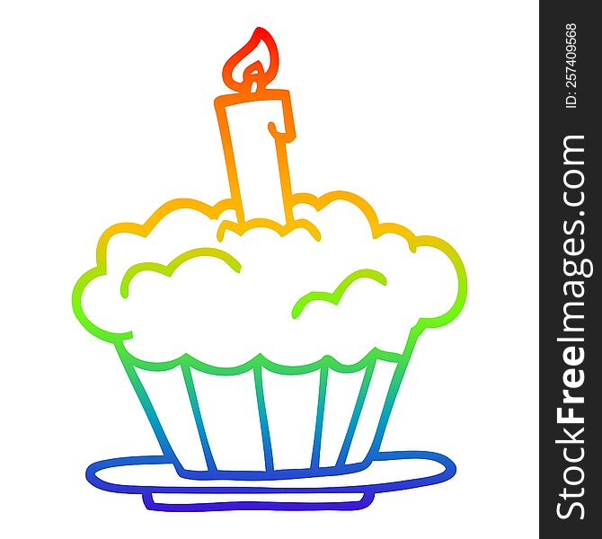 rainbow gradient line drawing of a cartoon birthday cake
