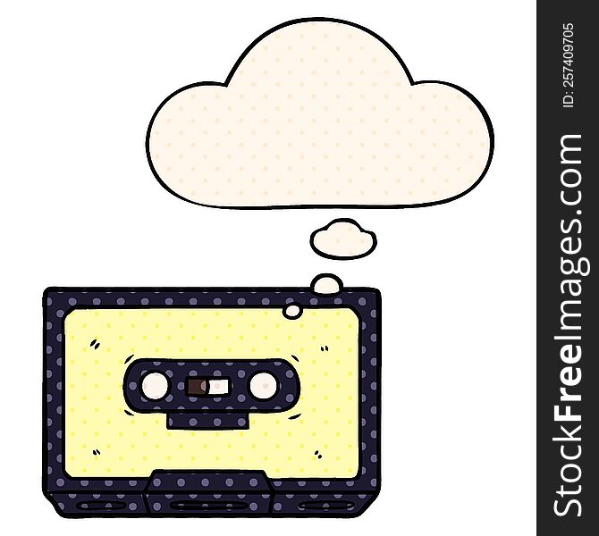 cartoon old cassette tape with thought bubble in comic book style