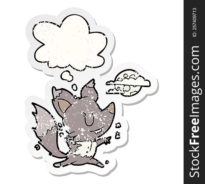 cartoon werewolf changing in moonlight and thought bubble as a distressed worn sticker
