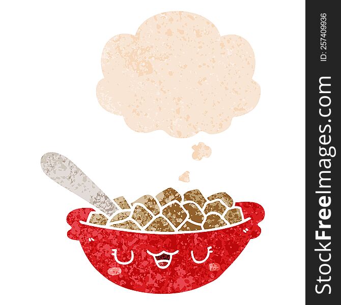 Cute Cartoon Bowl Of Cereal And Thought Bubble In Retro Textured Style