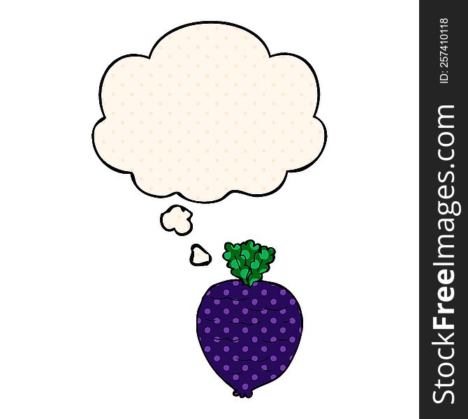 cartoon root vegetable with thought bubble in comic book style