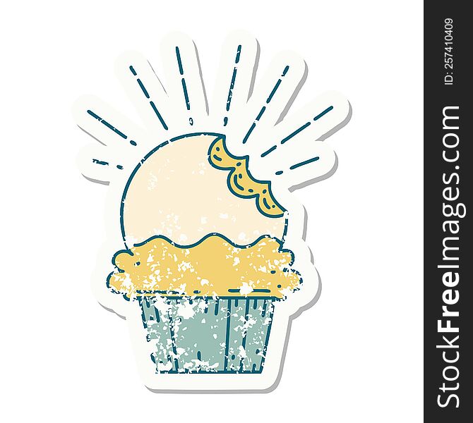 Grunge Sticker Of Tattoo Style Cupcake With Missing Bite
