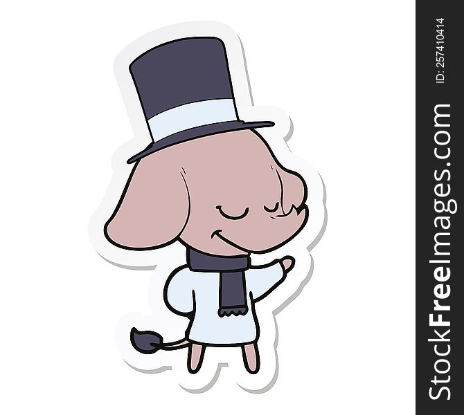 Sticker Of A Cartoon Smiling Elephant Wearing Top Hat