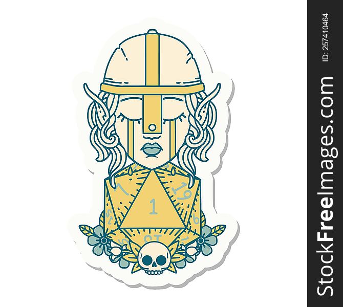 sticker of a sad elf fighter character with natural one d20 roll. sticker of a sad elf fighter character with natural one d20 roll