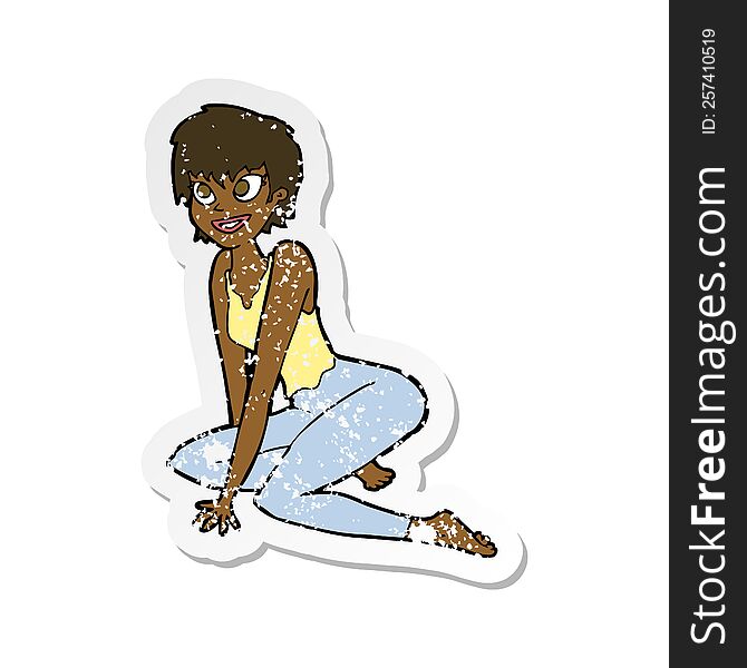 retro distressed sticker of a cartoon happy woman sitting on floor