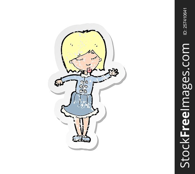 Retro Distressed Sticker Of A Cartoon Waving Woman