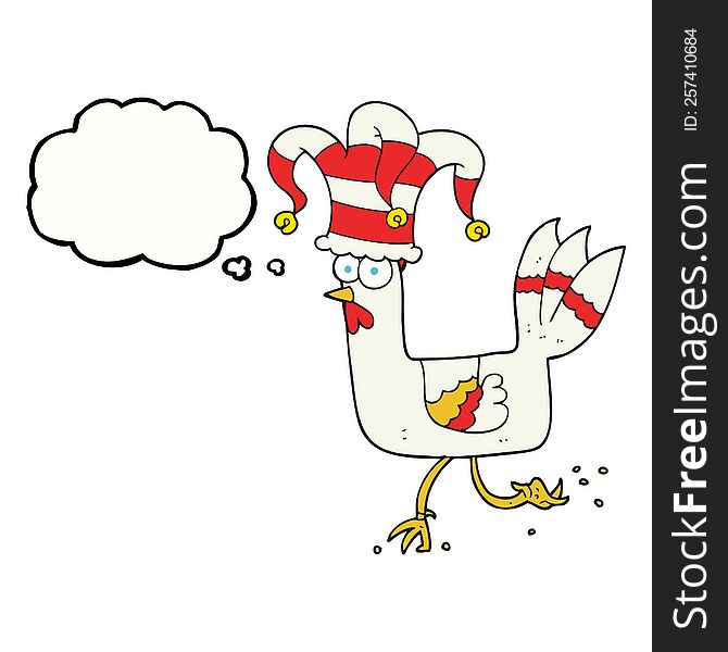 freehand drawn thought bubble cartoon chicken running in funny hat