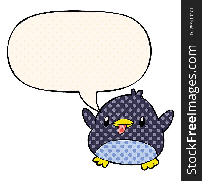 cute cartoon penguin with speech bubble in comic book style