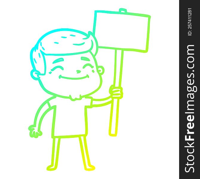 cold gradient line drawing of a happy cartoon man with placard