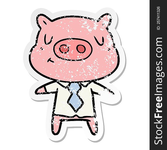 distressed sticker of a cartoon content pig in shirt and tie