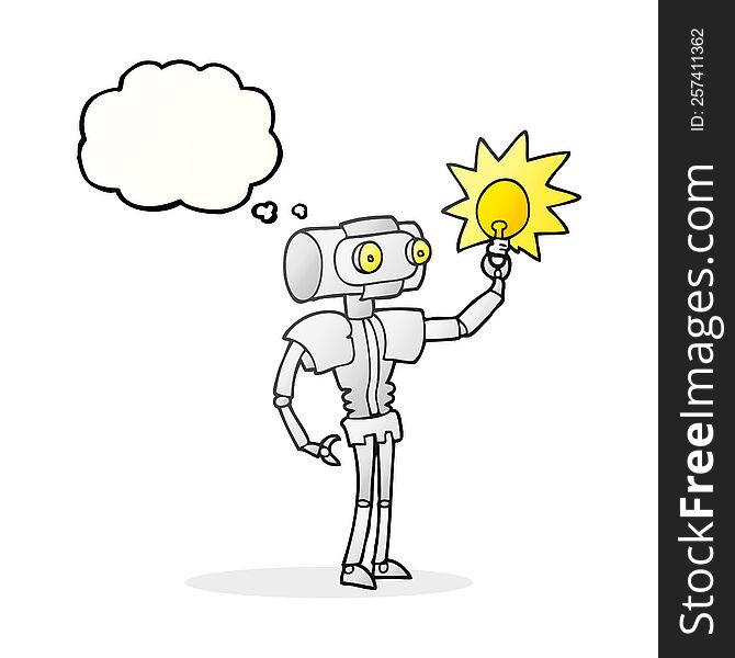 Thought Bubble Cartoon Robot With Light Bulb