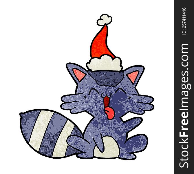 Cute Textured Cartoon Of A Raccoon Wearing Santa Hat