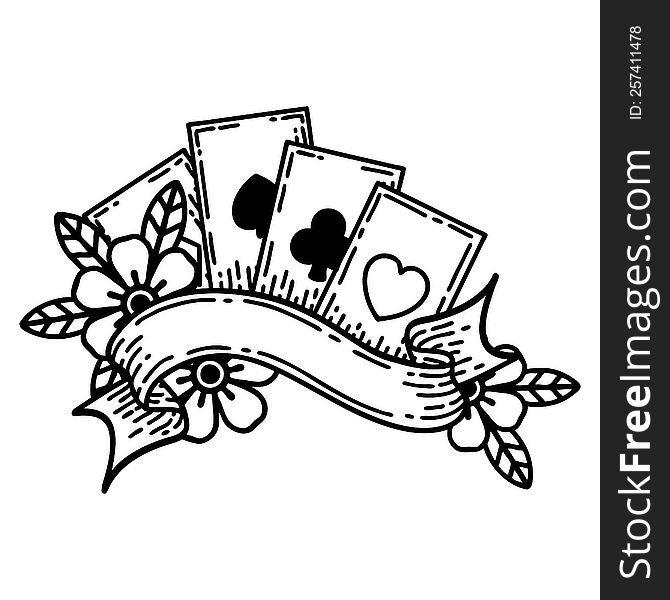 tattoo in black line style of cards and banner. tattoo in black line style of cards and banner