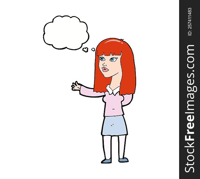 Cartoon Woman Gesturing To Show Something With Thought Bubble