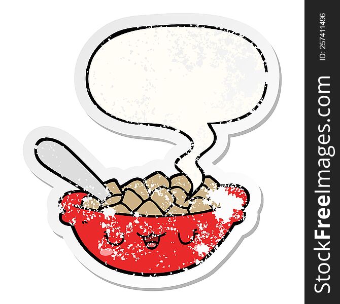 Cute Cartoon Bowl Of Cereal And Speech Bubble Distressed Sticker