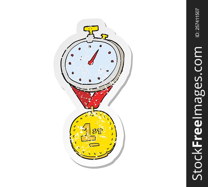 Retro Distressed Sticker Of A Cartoon Stopwatch And Medal