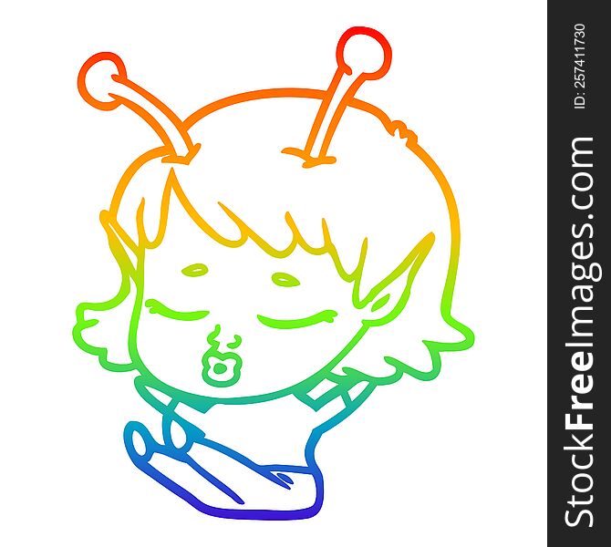 Rainbow Gradient Line Drawing Cute Alien Girl Cartoon