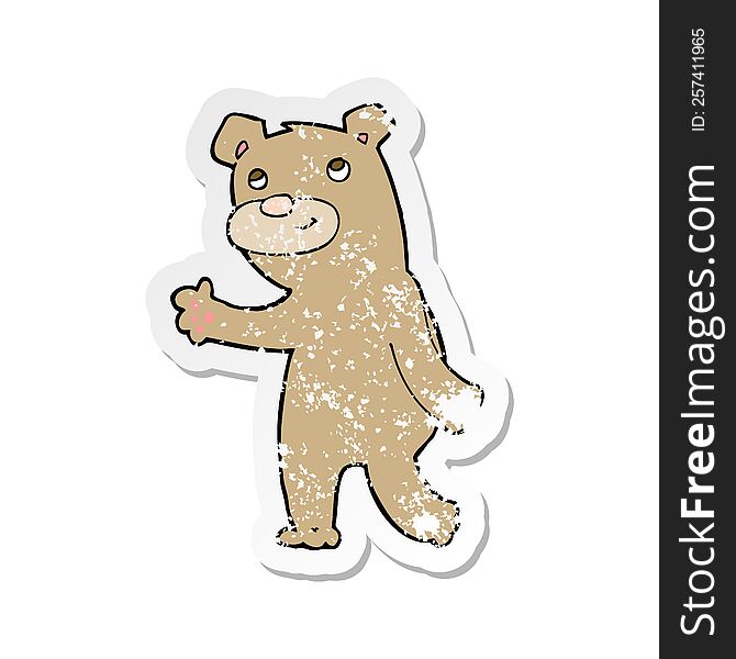 Retro Distressed Sticker Of A Cartoon Happy Waving Bear