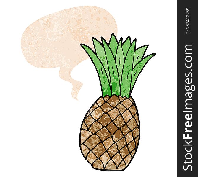 cartoon pineapple and speech bubble in retro textured style