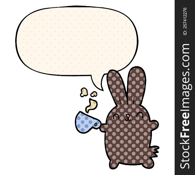 cute cartoon rabbit with coffee cup with speech bubble in comic book style. cute cartoon rabbit with coffee cup with speech bubble in comic book style