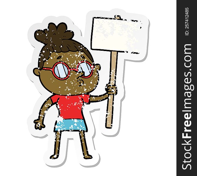 distressed sticker of a cartoon woman wearing glasses