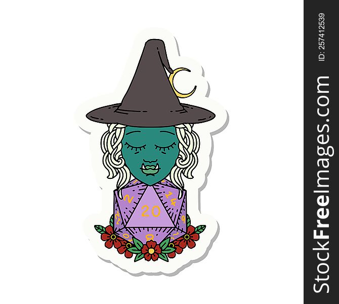 sticker of a half orc wizard with natural twenty dice roll. sticker of a half orc wizard with natural twenty dice roll