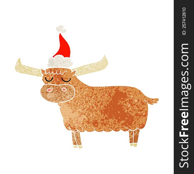 hand drawn retro cartoon of a bull wearing santa hat