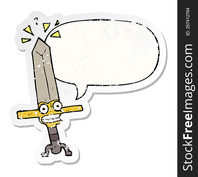 Cartoon Magic Sword And Speech Bubble Distressed Sticker