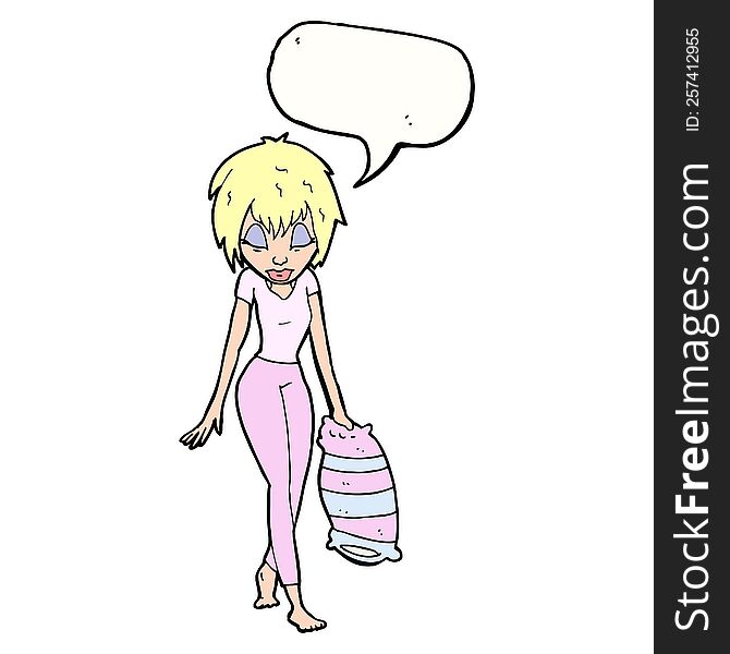 cartoon woman going to bed with speech bubble