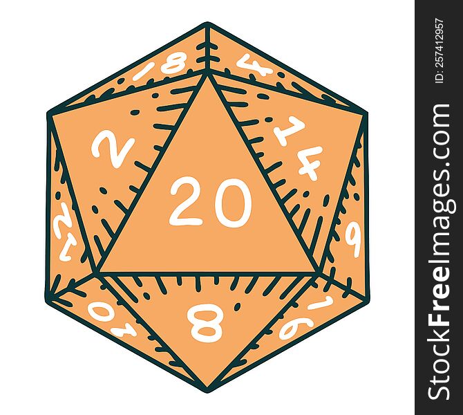 iconic tattoo style image of a d20 dice. iconic tattoo style image of a d20 dice