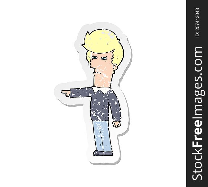 Retro Distressed Sticker Of A Cartoon Man Blaming