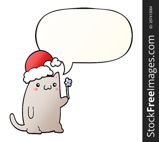 Cute Cartoon Christmas Cat And Speech Bubble In Smooth Gradient Style
