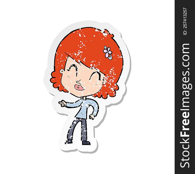 retro distressed sticker of a cartoon happy woman pointing