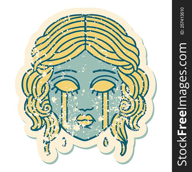 Distressed Sticker Tattoo Style Icon Of Female Face Crying
