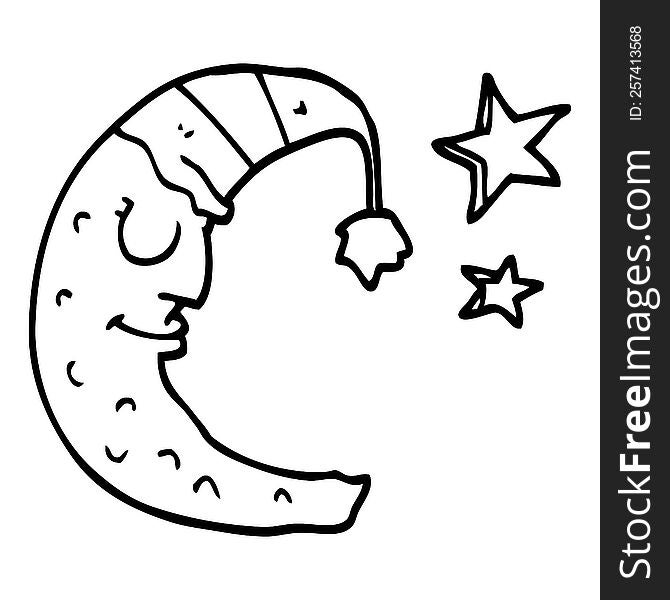 Line Drawing Cartoon Moon With Sleeping Cap