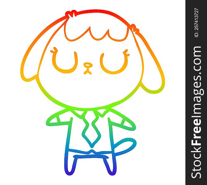 rainbow gradient line drawing of a cute cartoon dog wearing office shirt